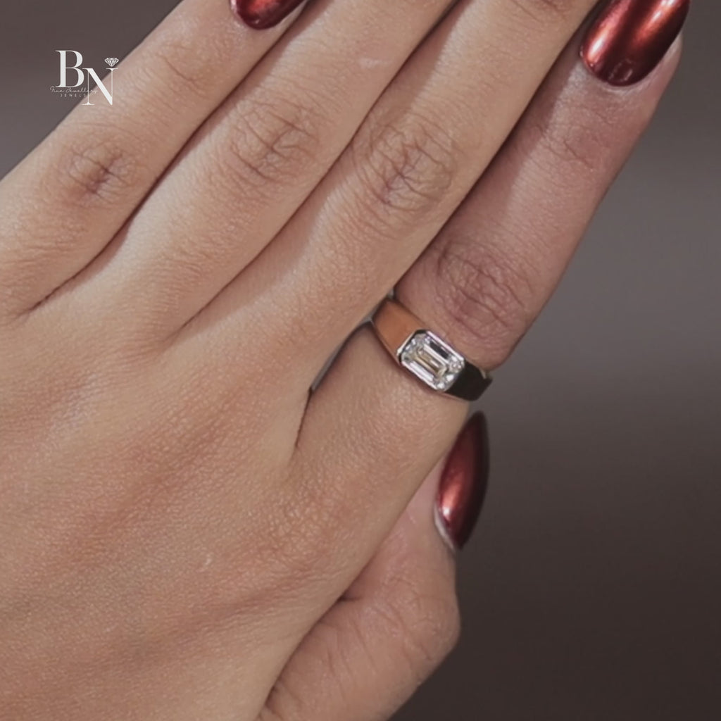 1ct Emerald Cut Lab Grown Diamond Engagement Ring | 14K Yellow Gold Bezel Set Signet Ring | East West Emerald Diamond | IGI Certified |