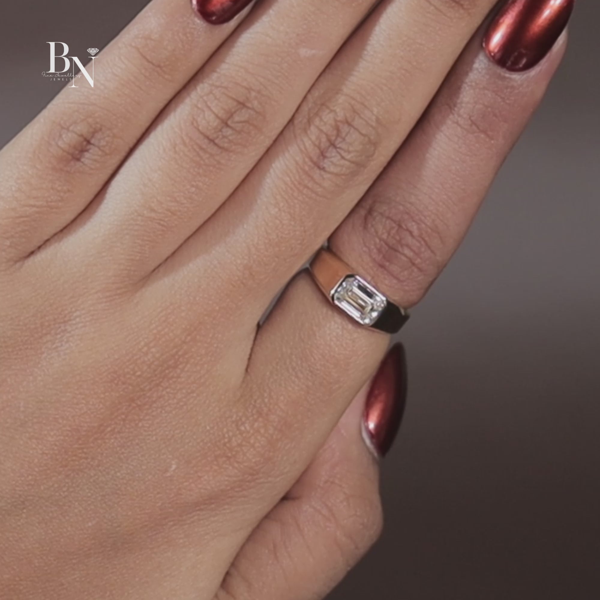 1ct Emerald Cut Lab Grown Diamond Engagement Ring | 14K Yellow Gold Bezel Set Signet Ring | East West Emerald Diamond | IGI Certified |