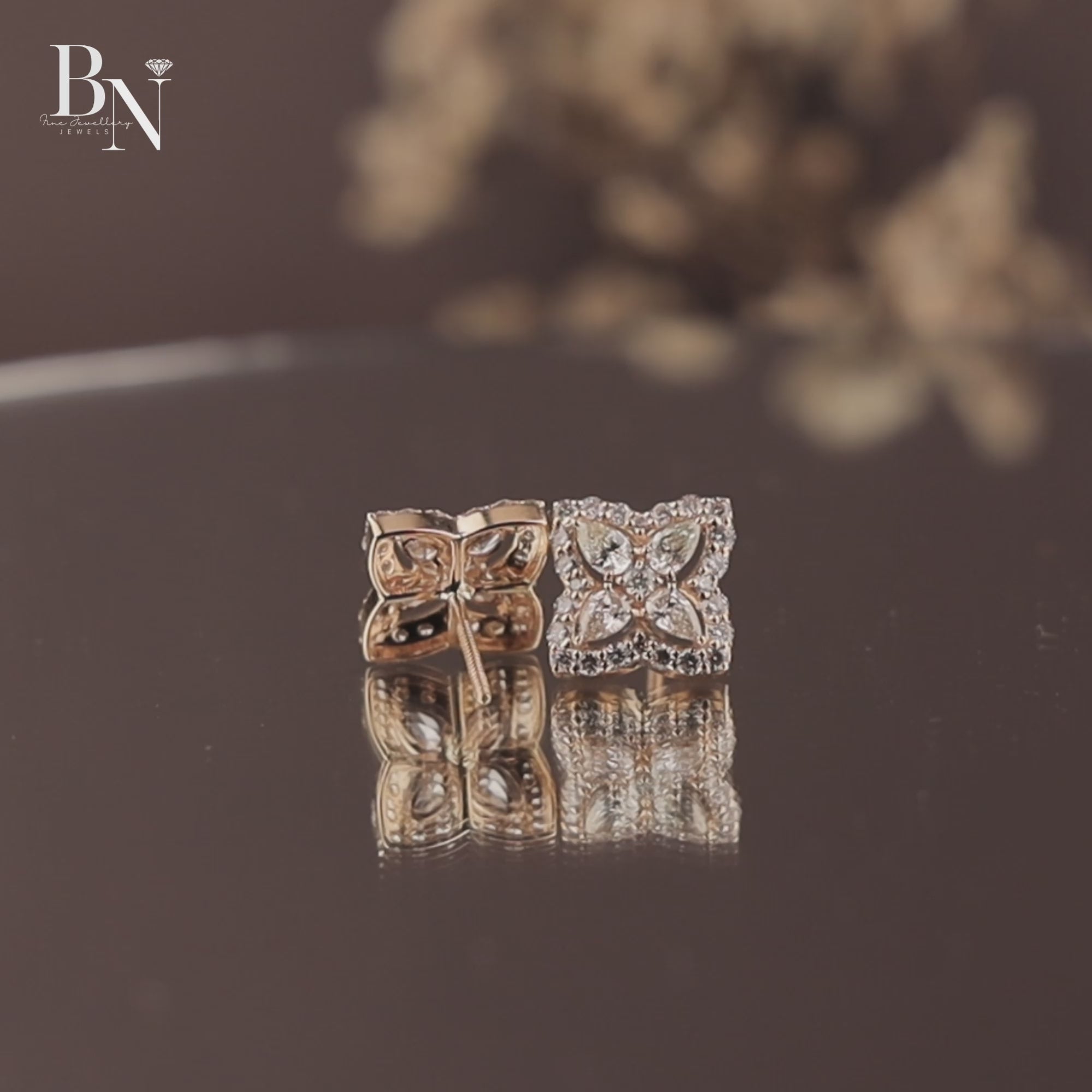 1.75 CTW Flower Lab Grown Diamond Stud Earrings | Pear & Round Cluster Halo Studs | 14K Rose Gold Sparkle Earrings | Unique Wedding Gift | Handmade