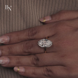 3ct Old Mine Moval Lab Grown Diamond Engagement Ring | Two Tone Hidden Halo Claw Prong 14K Gold