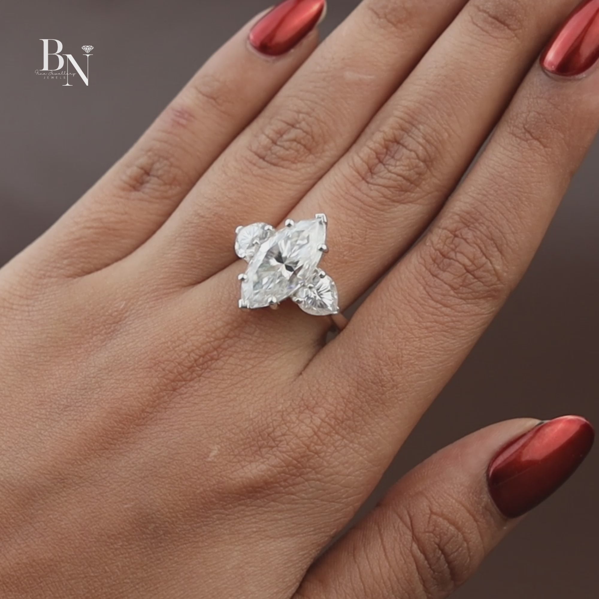 5.50ct Marquise Lab Grown Diamond Engagement Ring | Heart Side Stones | 14K White Gold Three Stone Ring | IGI Certified | V-Tip Solitaire