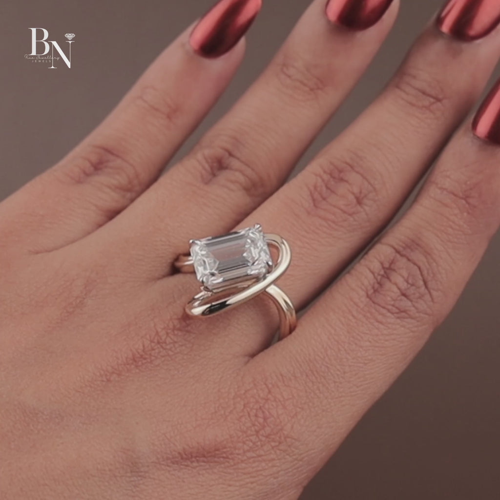 4ct Emerald Cut Lab Grown Diamond Engagement Ring | 14K Rose Gold East West Tension Setting | Swirl Bypass Solitaire | IGI Certified Jewelry (Copy)