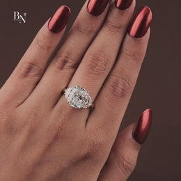 4ct Cushion Cut Lab Grown Diamond Engagement Ring | Three Stone Cadillac Side Stones 14K Yellow Gold
