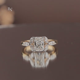 Radiant Cut Lab Grown Diamond Engagement Ring | Leaf Marquise Accents Three Stone 14K Gold