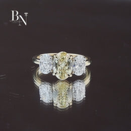Fancy Yellow Oval Lab Diamond Three Stone Ring, 1.50 Carat Look Center, 10k Yellow Gold Trilogy Ring