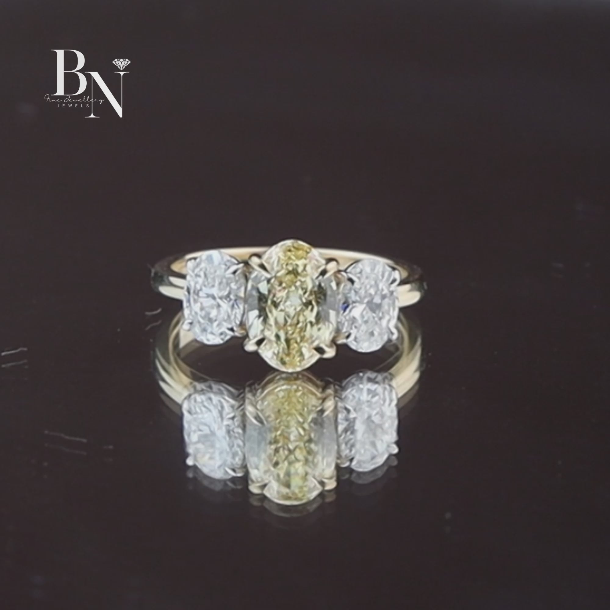 Fancy Yellow Oval Lab Diamond Three Stone Ring, 1.50 Carat Look Center, 10k Yellow Gold Trilogy Ring