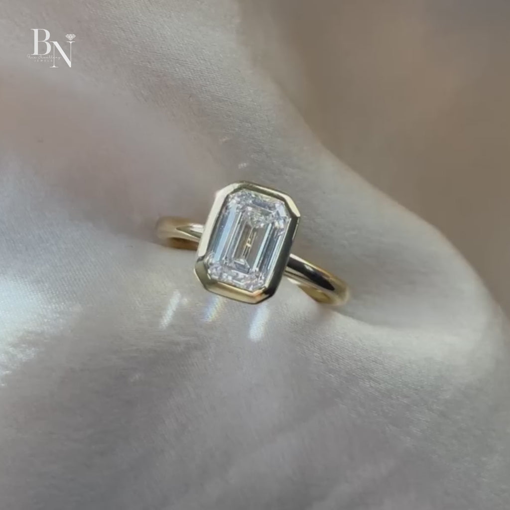 2ct Emerald Cut Lab Grown Diamond Engagement Ring | 14K Yellow Gold | Modern Bezel Set Solitaire | IGI Certified |