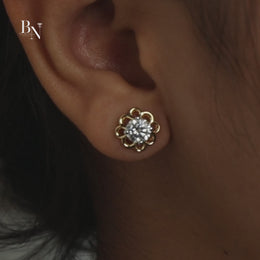 2ctw Round Lab Grown Diamond Stud Earrings | Floral Gold Flower Studs 14K Gold
