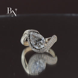 Pear Cut Lab Diamond Ring, 2.5 Carat Appearance, Bypass Engagement Ring, Pavé Encrusted Gold Band