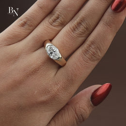 2.5ct East West Oval Lab Grown Diamond Engagement Ring | Half Bezel Signet 14K Yellow Gold