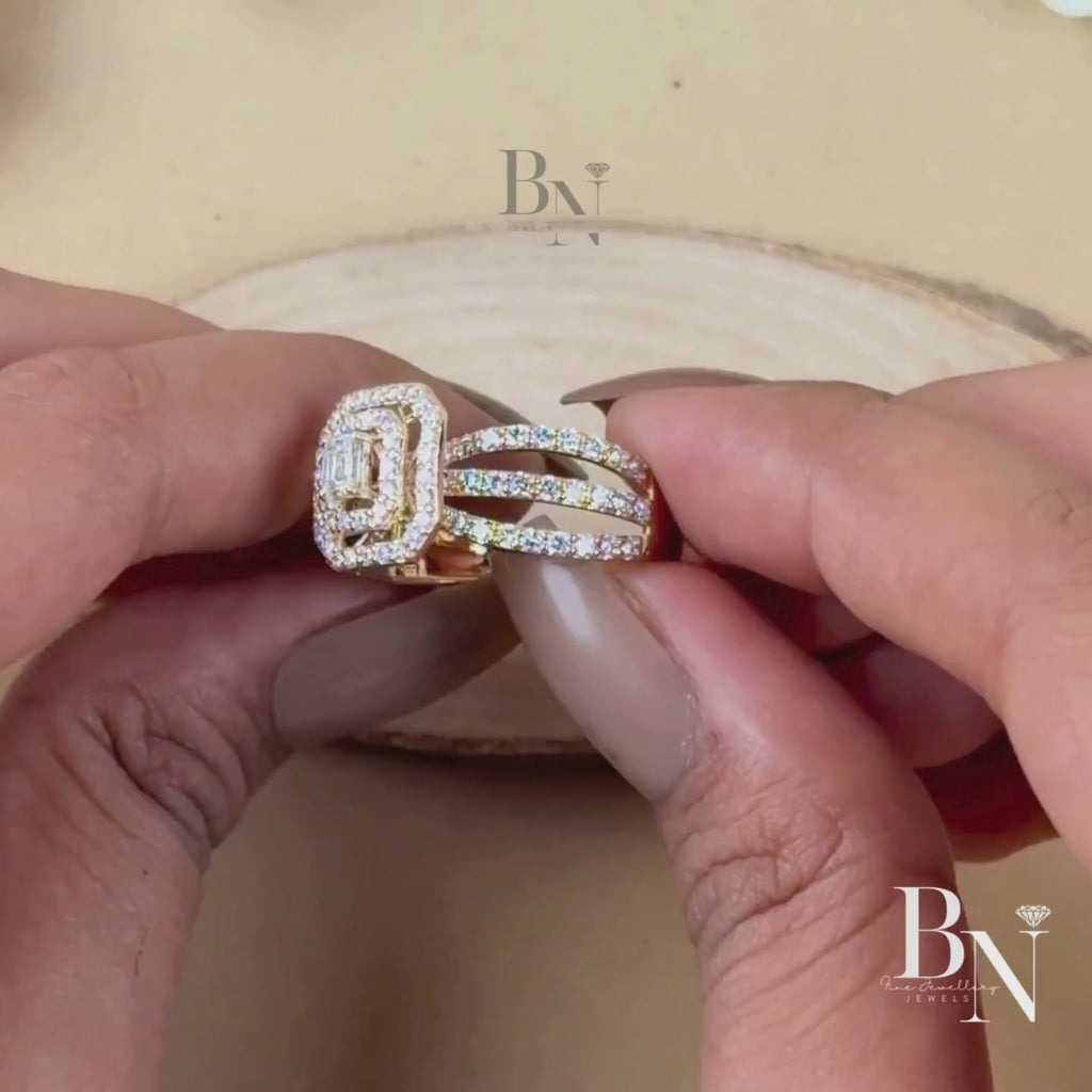 0.5ct Emerald Cut Lab Diamond Engagement Ring | Double Halo 14K Yellow Gold Pavé Band