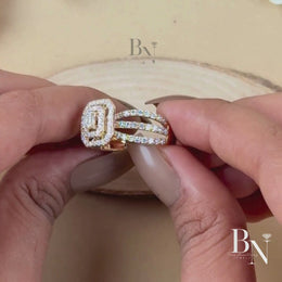 0.5ct Emerald Cut Lab Grown Diamond Engagement Ring | Double Halo Pavé Band 14K Yellow Gold