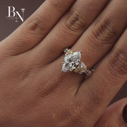 Marquise Lab Diamond Engagement Ring, 3 Carat Appearance Botanical Setting, Yellow Gold Tone Nature Bridal Ring