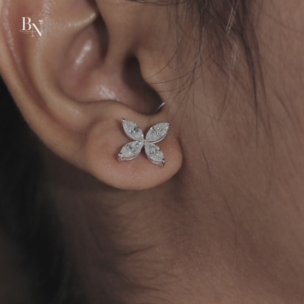 1.60 Carat Marquise Lab Grown Diamond Stud Earrings | 14K White Gold Floral Cluster Studs | IGI Certified Diamond | Secure Screw Back