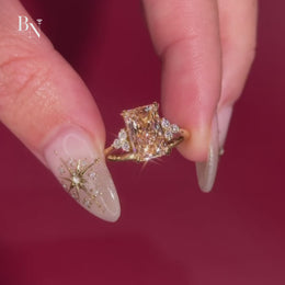 3ct Fancy Yellow Radiant Cut Lab Grown Diamond Engagement Ring | Hidden Halo Three Stone 14K Gold