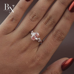 Oval Fancy Pink Lab Diamond Engagement Ring, 2 Carat Appearance Cluster Setting, Rose Gold Tone Bridal Ring