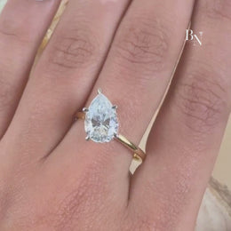 3ct Pear Cut Lab Grown Diamond Engagement Ring | Hidden Halo Two Tone Pavé Bridge Solitaire 14K Gold