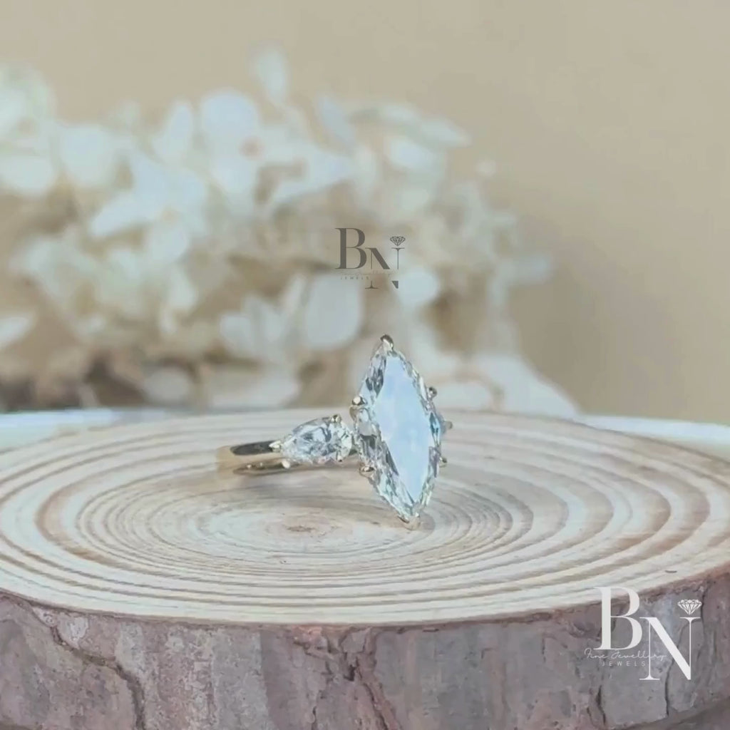 3ct Marquise Lab Grown Diamond Engagement Ring | Hidden Halo | 14K Gold Three Stone Pear Side | Type IIa IGI Certified