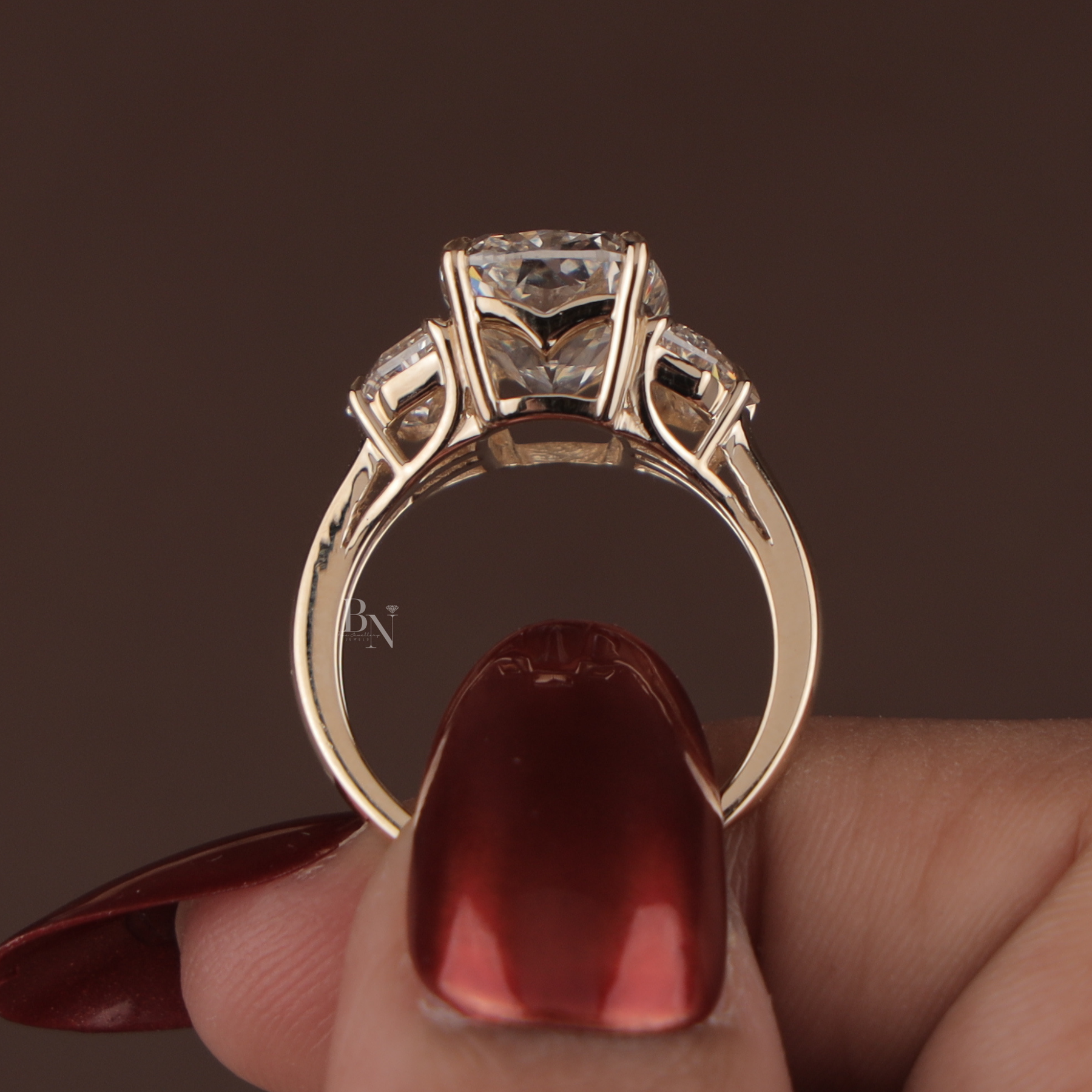 4ct Cushion Cut Lab Grown Diamond Engagement Ring | Three Stone Cadillac Side Stones 14K Yellow Gold