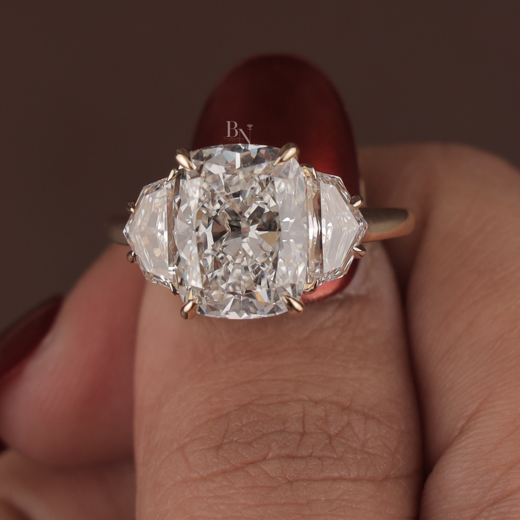 4ct Cushion Cut Lab Grown Diamond Engagement Ring | Three Stone Cadillac Side Stones 14K Yellow Gold