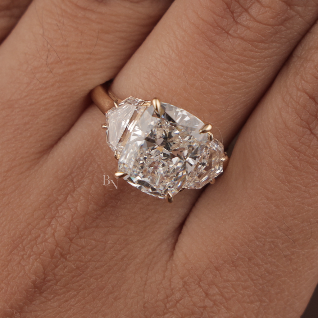 4ct Cushion Cut Lab Grown Diamond Engagement Ring | Three Stone Bridal Ring | 14K Yellow Gold | IGI Certified | Cadillac Side Stones Band