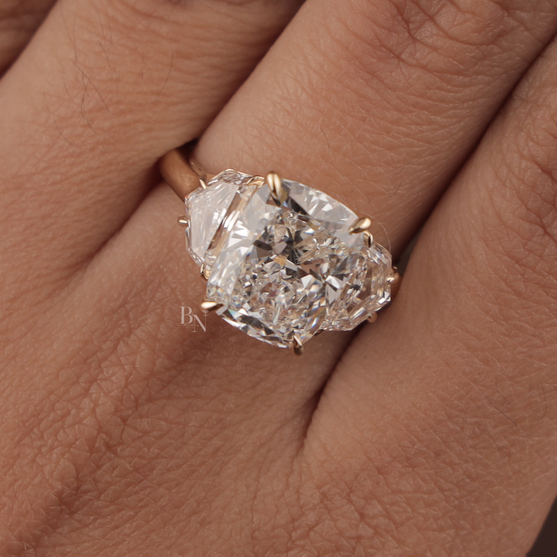 4ct Cushion Cut Lab Grown Diamond Engagement Ring | Three Stone Cadillac Side Stones 14K Yellow Gold