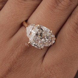 4ct Cushion Cut Lab Grown Diamond Engagement Ring | Three Stone Cadillac Side Stones 14K Yellow Gold