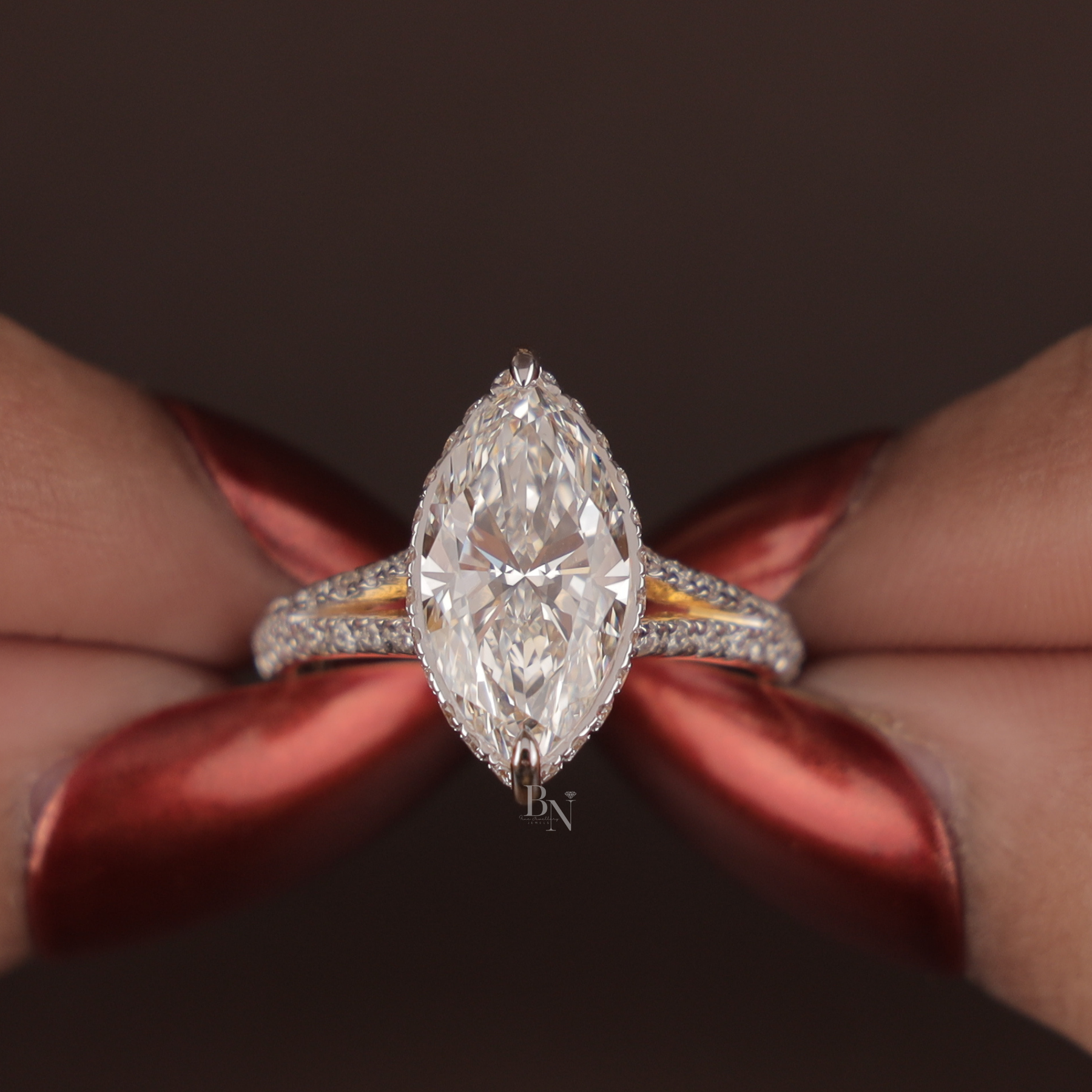 3ct Marquise Lab Grown Diamond Engagement Ring | Hidden Halo Pavé Split Shank 14K Yellow Gold