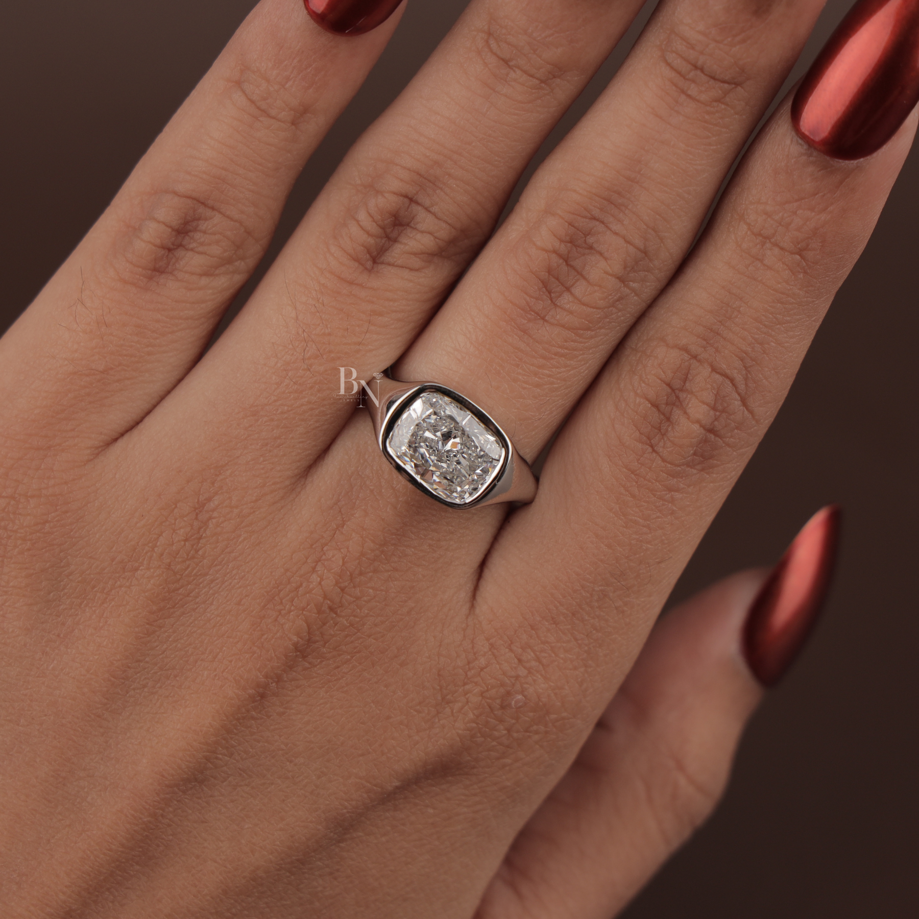 3ct Cushion Lab Grown Diamond Engagement Ring | Modern Bezel Set Pavé Band 14K White Gold