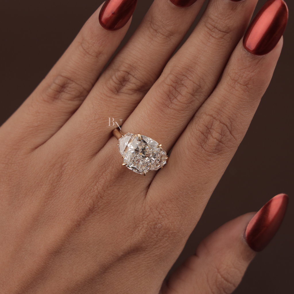 4ct Cushion Cut Lab Grown Diamond Engagement Ring | Three Stone Bridal Ring | 14K Yellow Gold | IGI Certified | Cadillac Side Stones Band